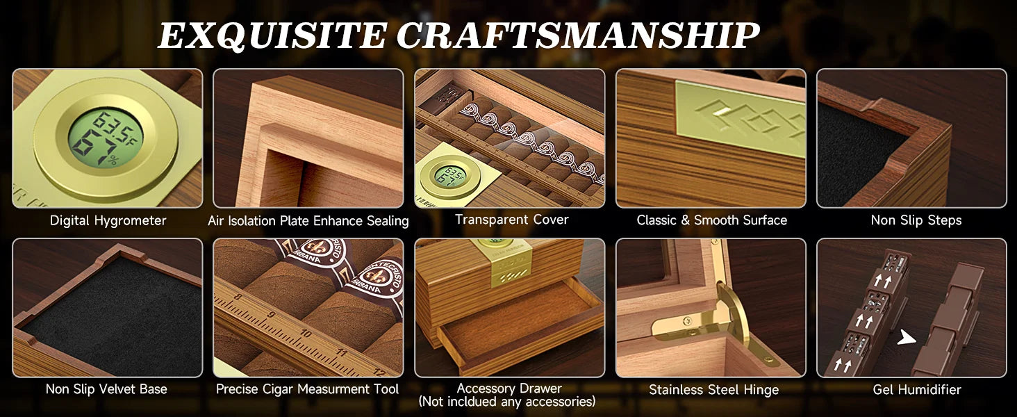 Premium Cedar Wood Cigar Humidor with Digital Hygrometer