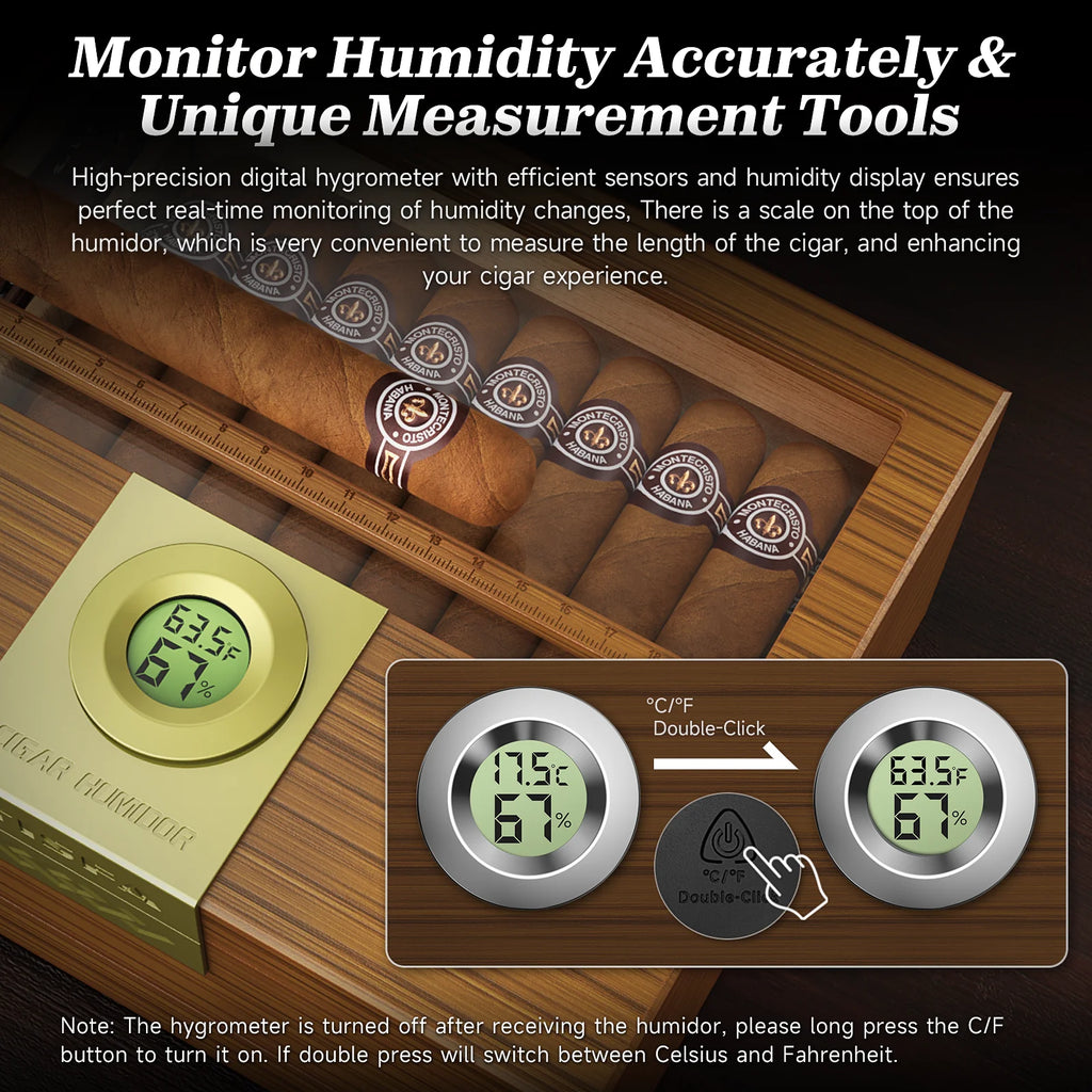 Premium Cedar Wood Cigar Humidor with Digital Hygrometer