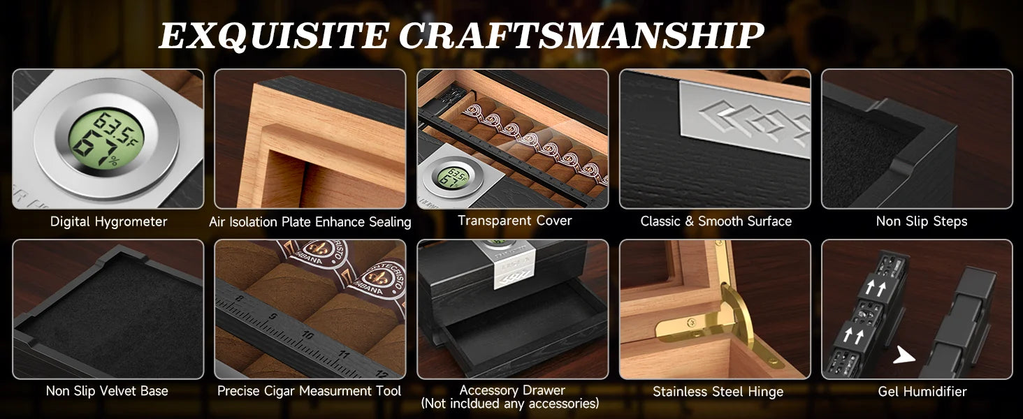 Premium Cedar Wood Cigar Humidor with Digital Hygrometer