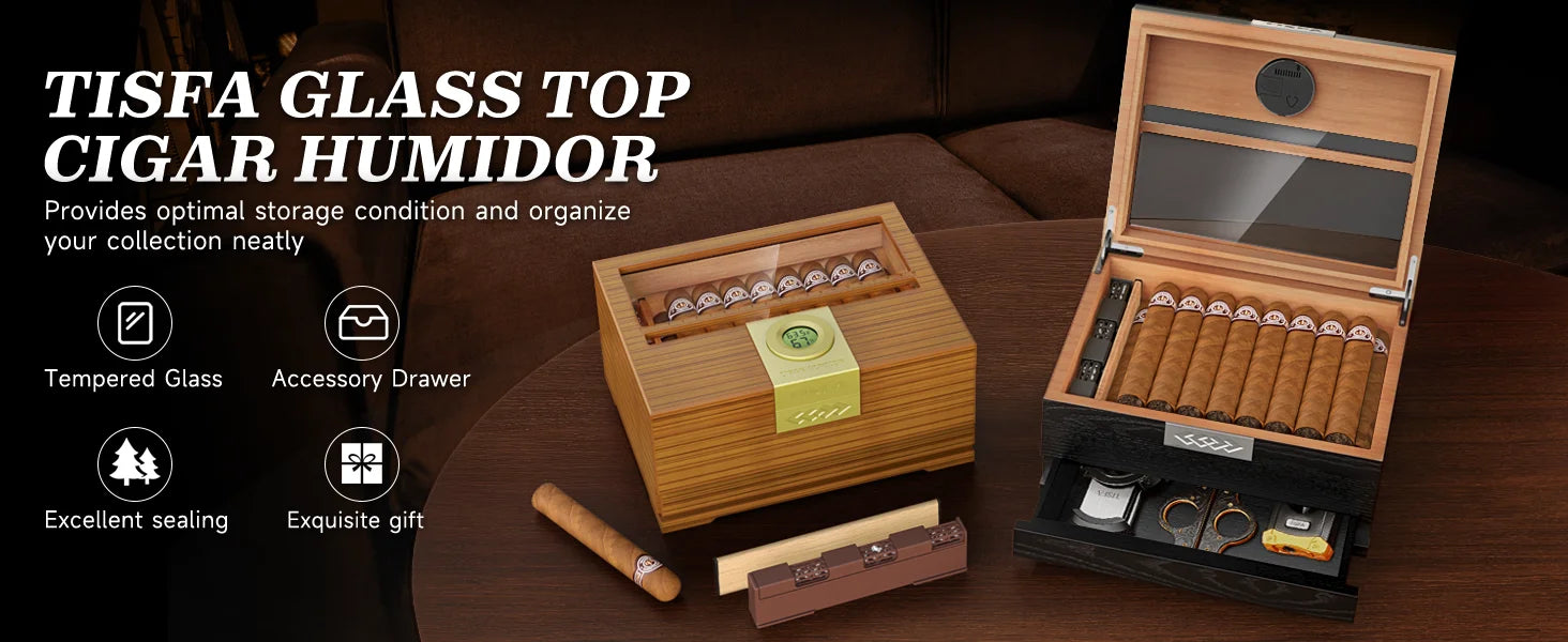 Premium Cedar Wood Cigar Humidor with Digital Hygrometer