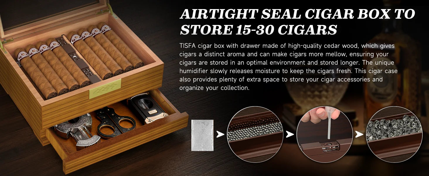 Premium Cedar Wood Cigar Humidor with Digital Hygrometer
